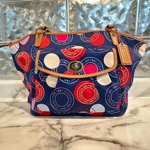 Coach Leah Tote handbag Purse Red White Blue Polka Dot with Outer Pockets